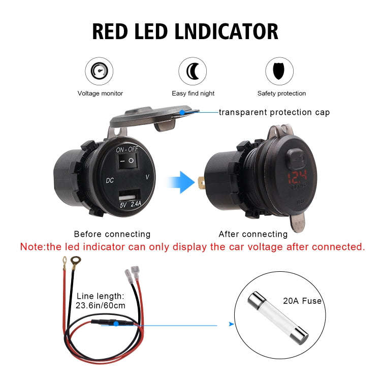 Universal Car Single Port USB Charger Power Outlet Adapter 2.4A 5V IP66 with LED Digital Voltmete...