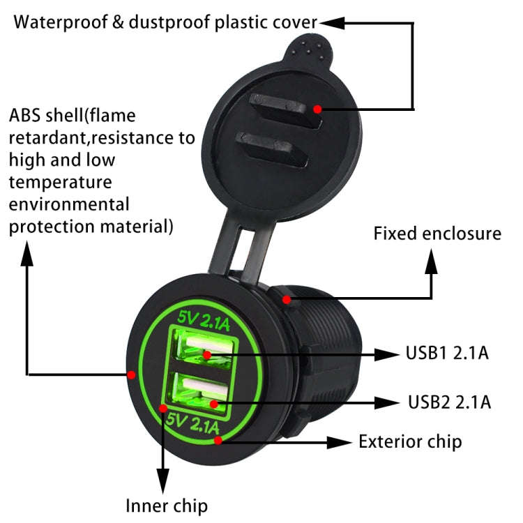 Universal Car Dual USB Charger Power Outlet Adapter 4.2A 5V IP66 with Aperture + 60cm Cable(Green...