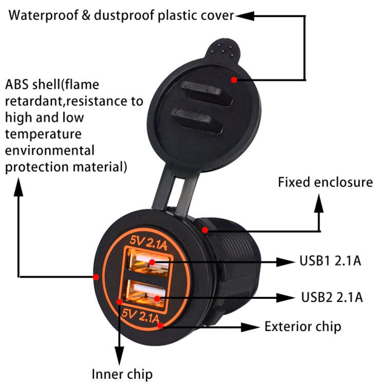Universal Car Dual USB Charger Power Outlet Adapter 4.2A 5V IP66 with Aperture + 60cm Cable(Orang...