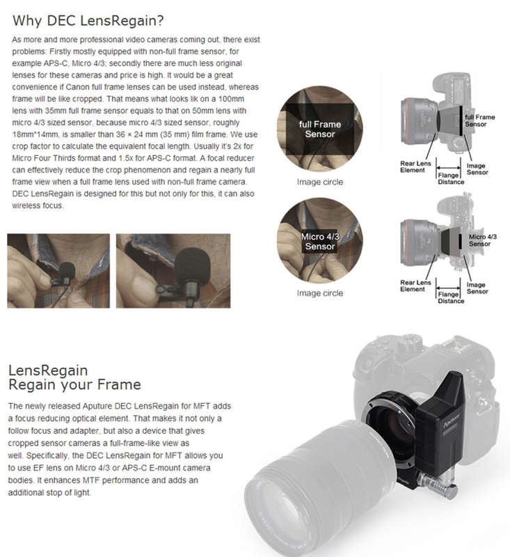Aputure DEC LensRegain Wireless Remote Follow Focus Lens Adapter for MFT Camera, 0.75X Focal Redu...