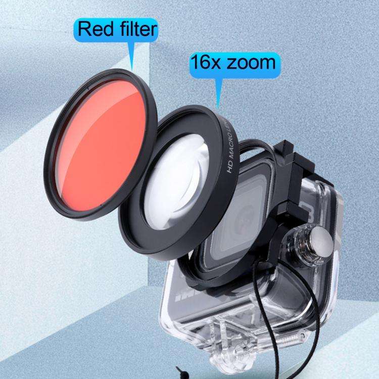 RUIGPRO for GoPro HERO8 58mm 16X Macro Lens + Red/Purple Diving Lens  Filter + Dive Housing Water...