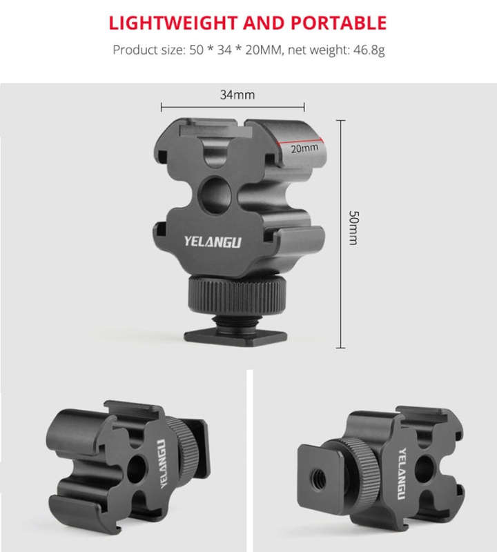 YELANGU YLG0601A A68 3-Head Cold Shoe Mount Adapter Microphone Flash Light Metal Holder Bracket(B...