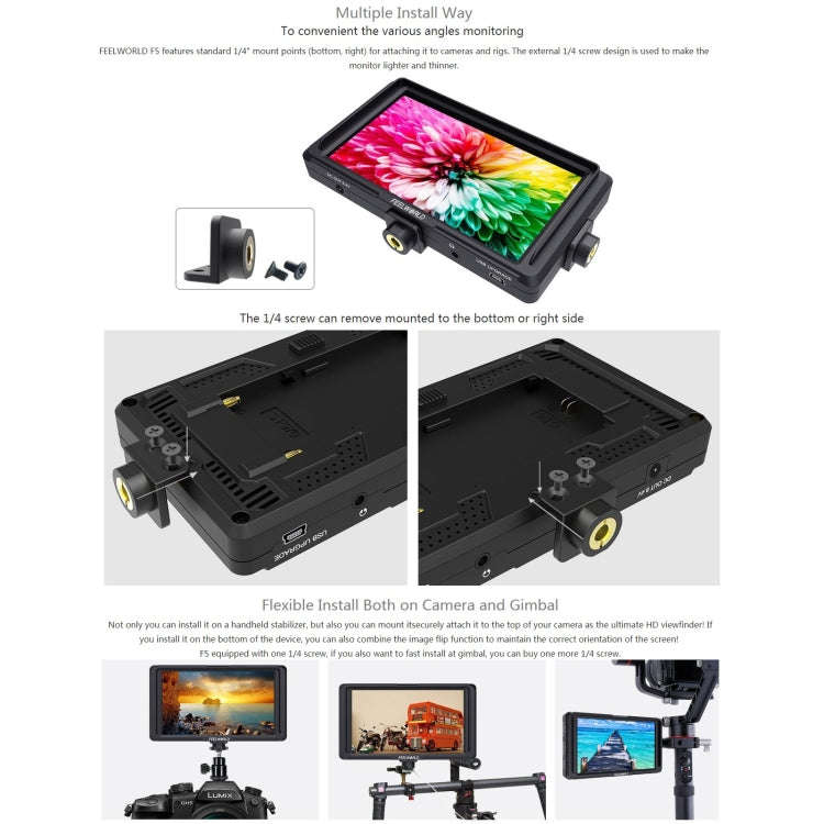 FEELWORLD F6S Full HD 1920x1080 5.0 inch IPS Screen DSLR Camera Field Monitor with Tilt Arm, Supp...