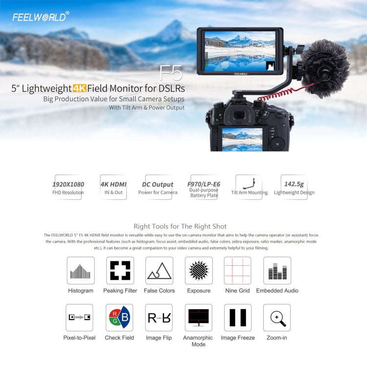 FEELWORLD F6S Full HD 1920x1080 5.0 inch IPS Screen DSLR Camera Field Monitor with Tilt Arm, Supp...