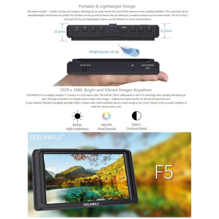 FEELWORLD F6S Full HD 1920x1080 5.0 inch IPS Screen DSLR Camera Field Monitor with Tilt Arm, Supp...