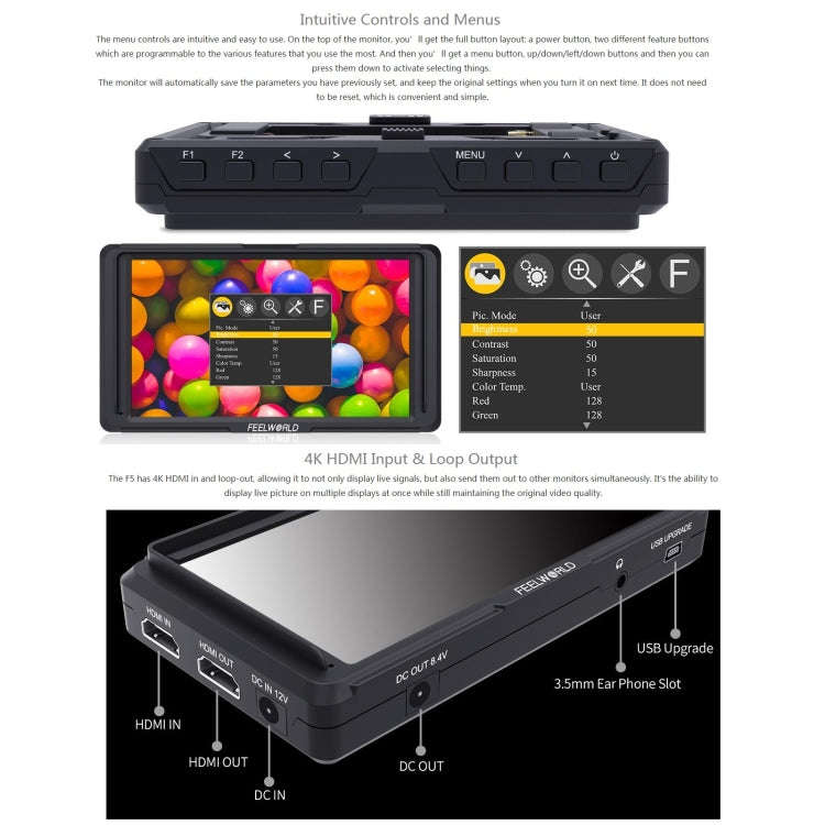 FEELWORLD F6S Full HD 1920x1080 5.0 inch IPS Screen DSLR Camera Field Monitor with Tilt Arm, Supp...