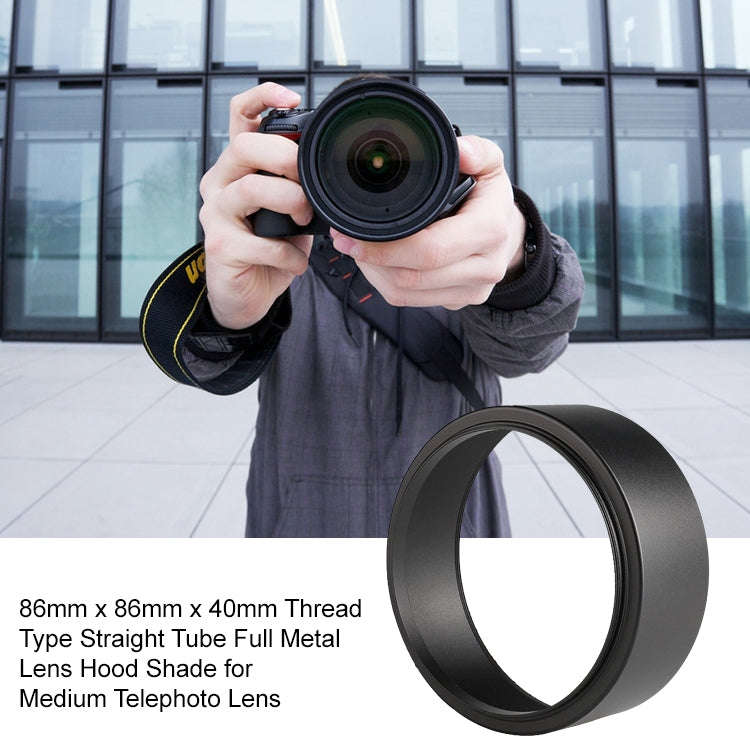 86mm x 86mm x 40mm Thread Type Straight Tube Full Metal Lens Hood Shade for Medium Telephoto Lens