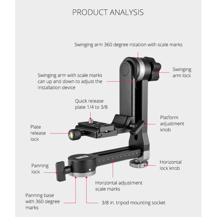 YELANGU A171 YLG0401E-C 360 Degree Rotation Horizontal Cantilever Gimbal Tripod Head for Home DV ...