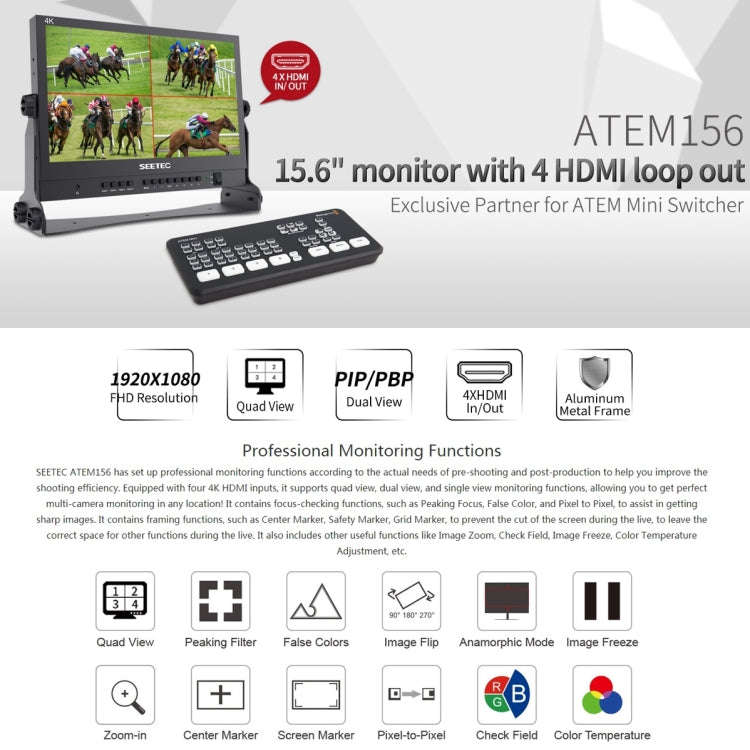 SEETEC ATEM156 1920x1080 15.6 inch IPS Screen HDMI 4K HD Live Broadcast Camera Field Monitor, Sup...
