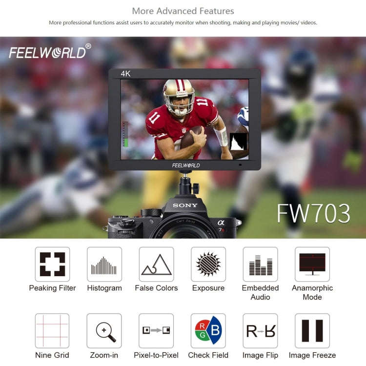 FEELWORLD FW703 1920x1200 7 inch IPS Screen HDMI 4K SDI Broadcast Camera Field Monitor