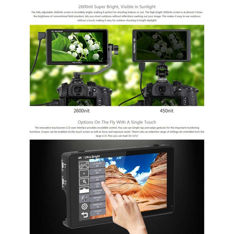 FEELWORLD LUT6 1920x1080 2600 nits 6 inch IPS Screen HDMI 4K Touch Control Camera Field Monitor