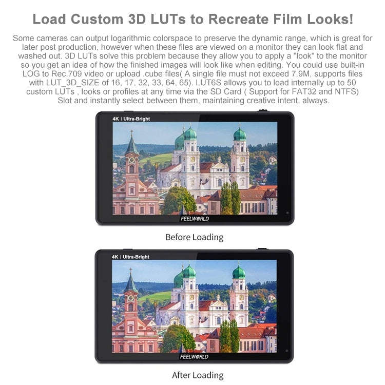 FEELWORLD LUT6S 1920x1080 2600 nits 6 inch IPS Screen HDMI 4K Touch Screen SDI HDI Camera Field M...