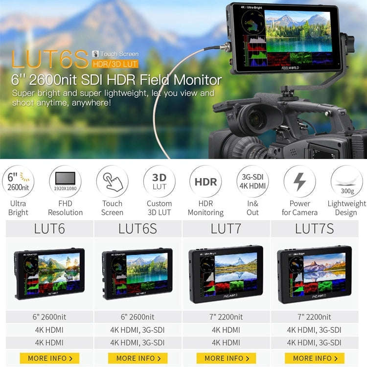 FEELWORLD LUT6S 1920x1080 2600 nits 6 inch IPS Screen HDMI 4K Touch Screen SDI HDI Camera Field M...