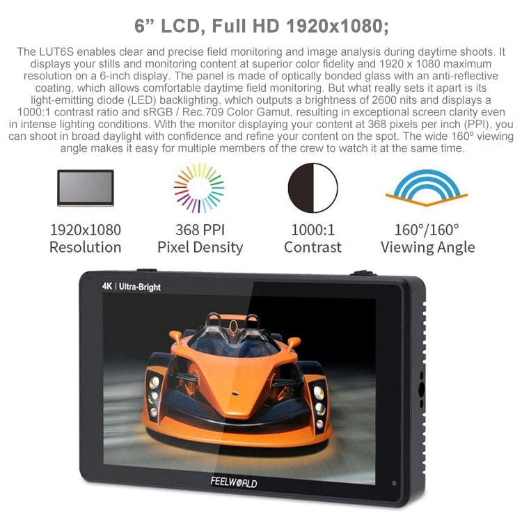 FEELWORLD LUT6S 1920x1080 2600 nits 6 inch IPS Screen HDMI 4K Touch Screen SDI HDI Camera Field M...