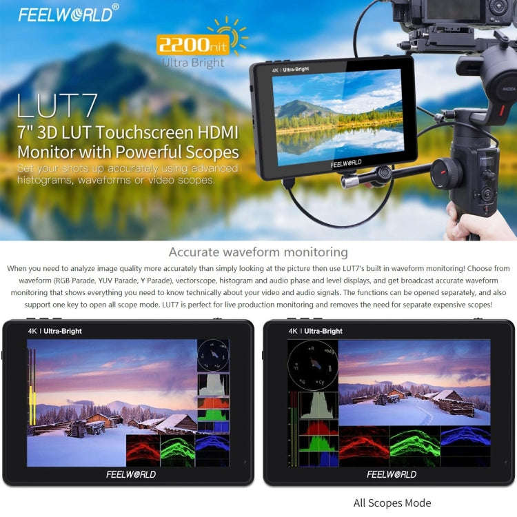 FEELWORLD LUT7 1920x1200 2200 nits 7 inch IPS Screen HDMI 4K Touch Screen Camera Field Monitor