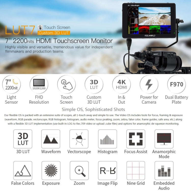 FEELWORLD LUT7 1920x1200 2200 nits 7 inch IPS Screen HDMI 4K Touch Screen Camera Field Monitor