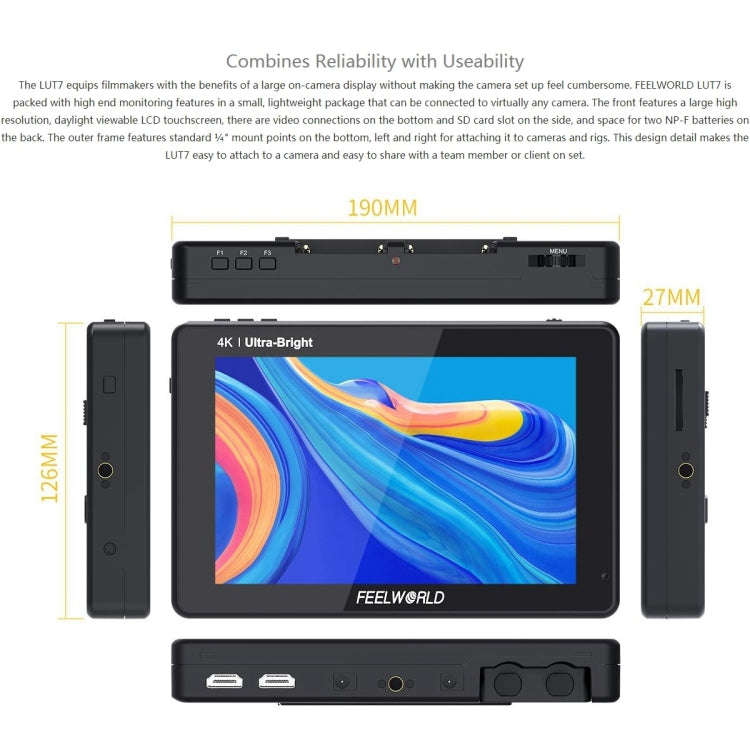FEELWORLD LUT7 1920x1200 2200 nits 7 inch IPS Screen HDMI 4K Touch Screen Camera Field Monitor