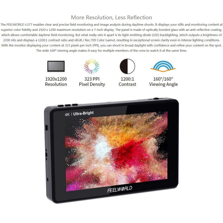 FEELWORLD LUT7 1920x1200 2200 nits 7 inch IPS Screen HDMI 4K Touch Screen Camera Field Monitor