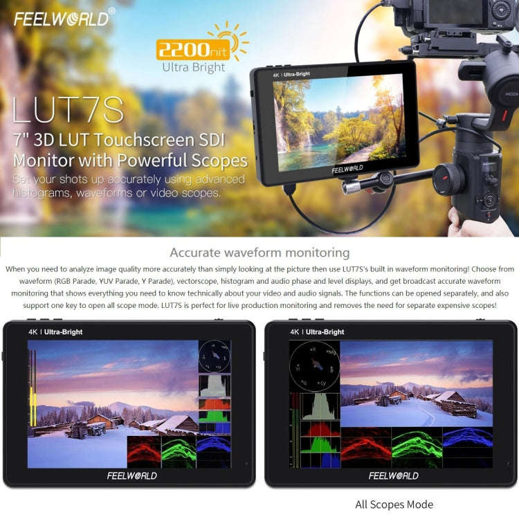 FEELWORLD LUT7S 1920x1200 2200 nits 7 inch IPS Screen HDMI 4K Touch Screen Camera Field Monitor