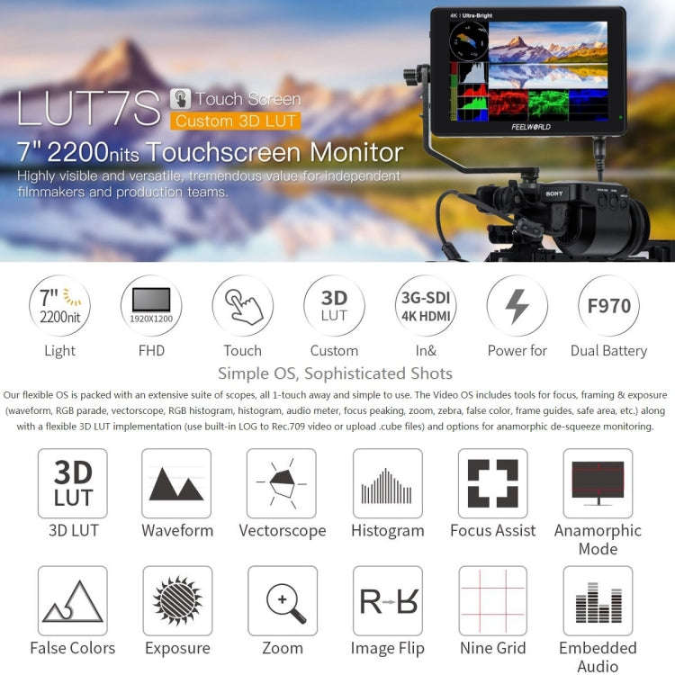 FEELWORLD LUT7S 1920x1200 2200 nits 7 inch IPS Screen HDMI 4K Touch Screen Camera Field Monitor