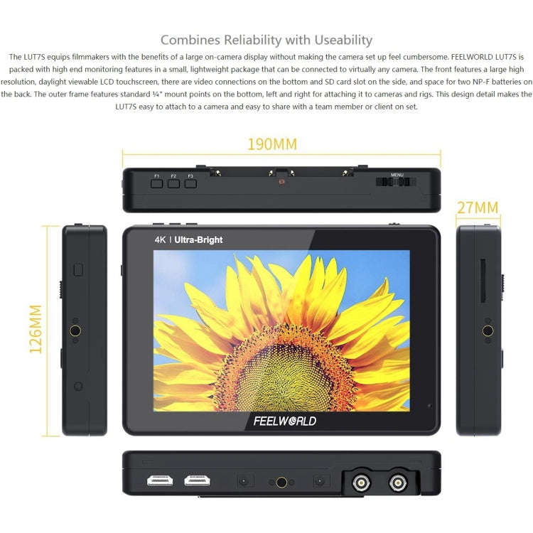 FEELWORLD LUT7S 1920x1200 2200 nits 7 inch IPS Screen HDMI 4K Touch Screen Camera Field Monitor