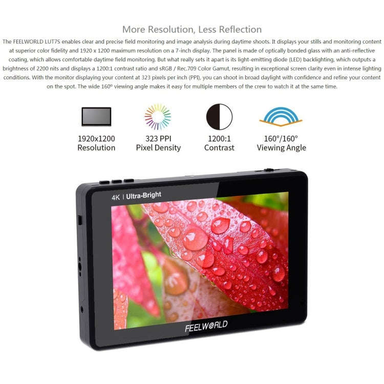 FEELWORLD LUT7S 1920x1200 2200 nits 7 inch IPS Screen HDMI 4K Touch Screen Camera Field Monitor