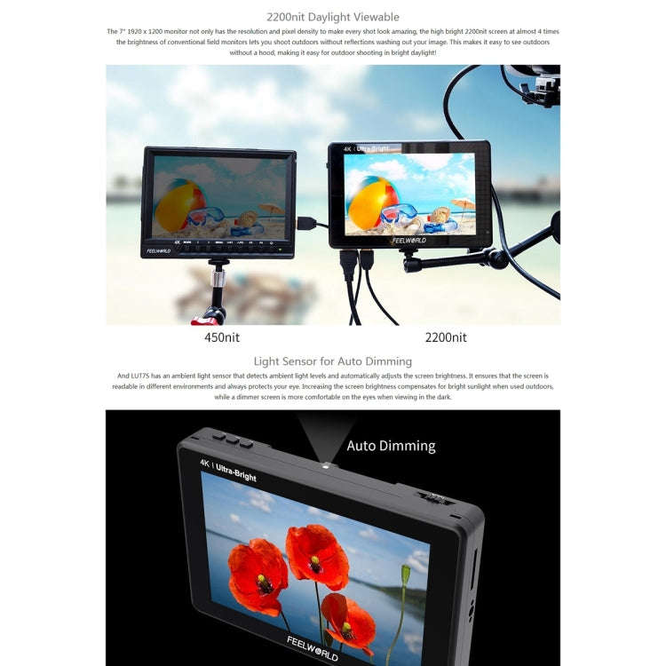 FEELWORLD LUT7S 1920x1200 2200 nits 7 inch IPS Screen HDMI 4K Touch Screen Camera Field Monitor