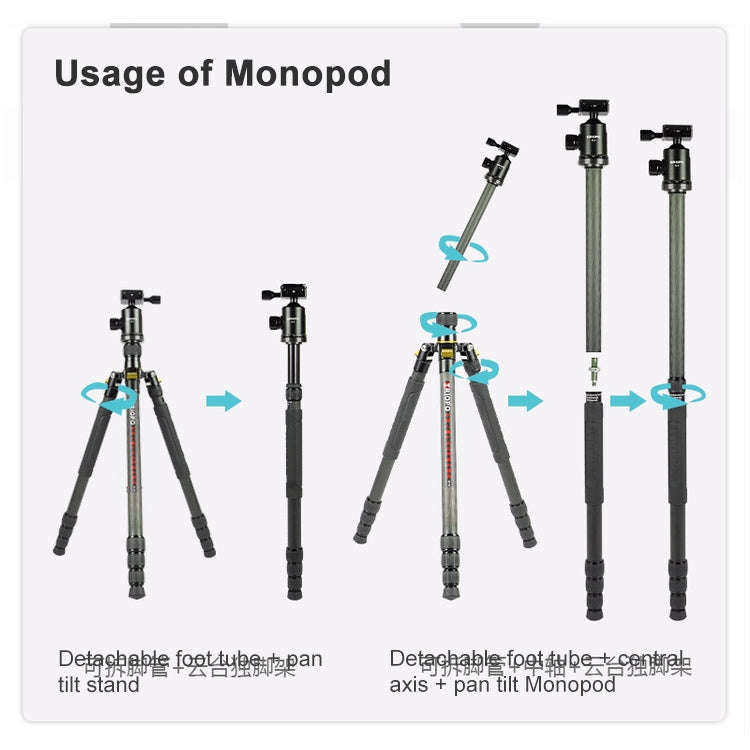 TRIOPO 853 Adjustable Portable Carbon Fiber Tripod with D2-A Ball Head for SLR Camera