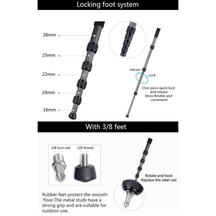 BEXIN MCS285 Portable Travel Outdoor DSLR Camera Carbon Fiber Monopod Holder (Black)