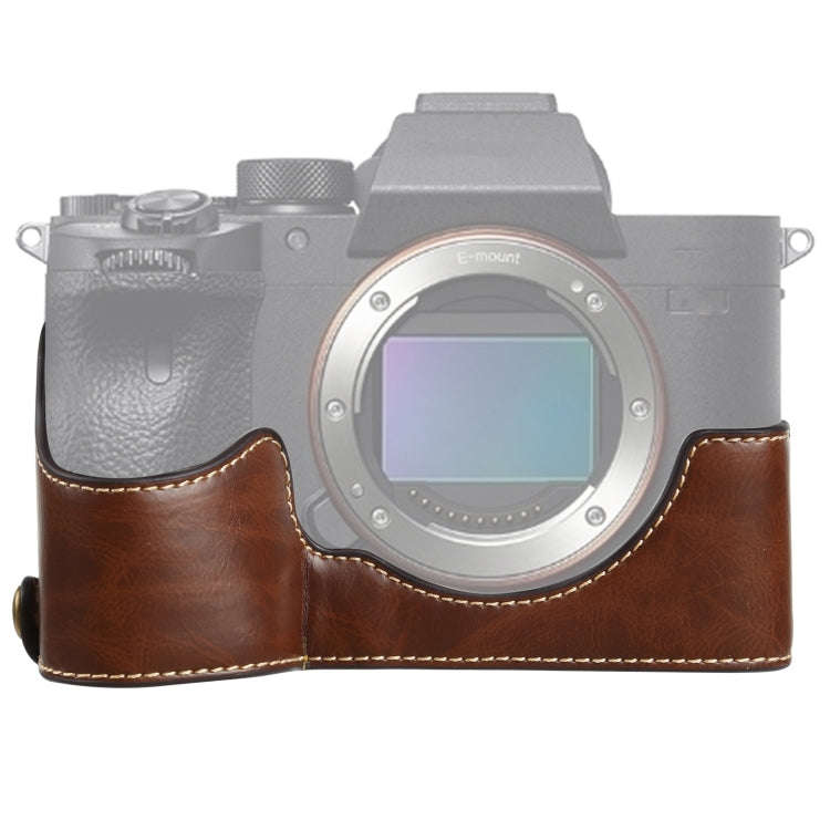 1/4 inch Thread PU Leather Camera Half Case Base for Sony ILCE-7RM4 / A7RM4 / A7R IV (Coffee)
