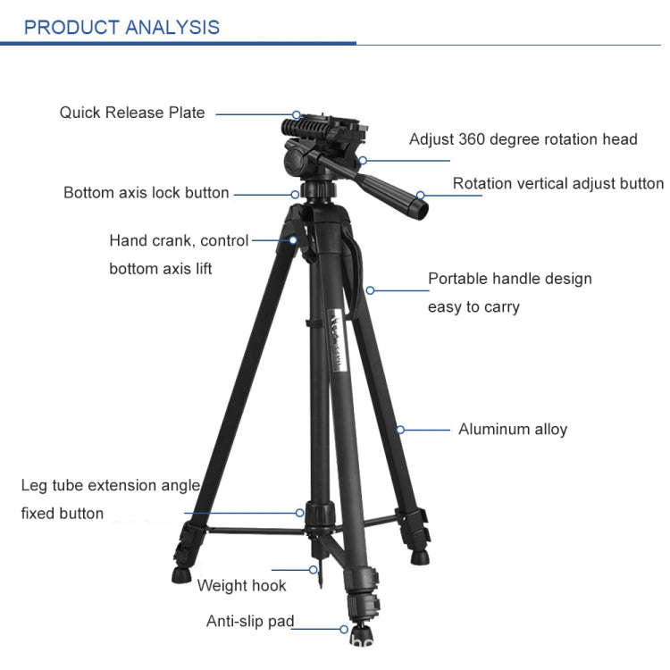 WeiFeng WT-3560 3-Section Folding Legs Live Broadcast Aluminum Alloy Tripod Mount (Black)