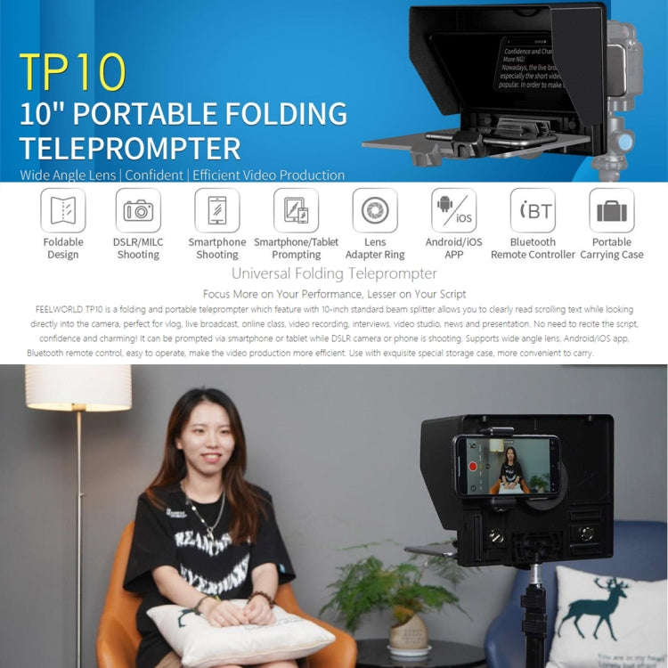 FEELWORLD TP10 Portable 10-inch Folding Teleprompter with Remote Control Lens Adapter Ring For Be...