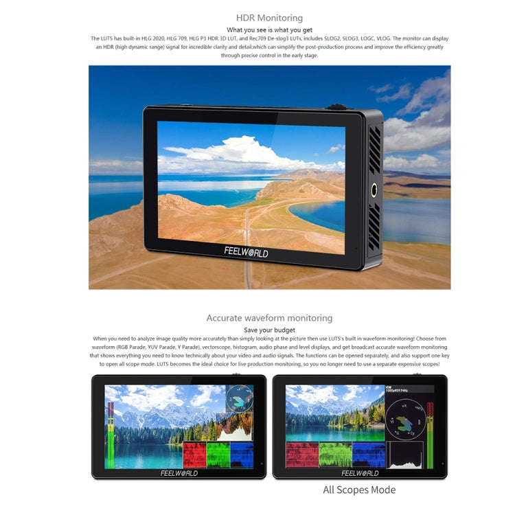 FEELWORLD LUT5 5.5 inch Ultra High Bright 3000nit Touch Screen DSLR Camera Field Monitor (Black)