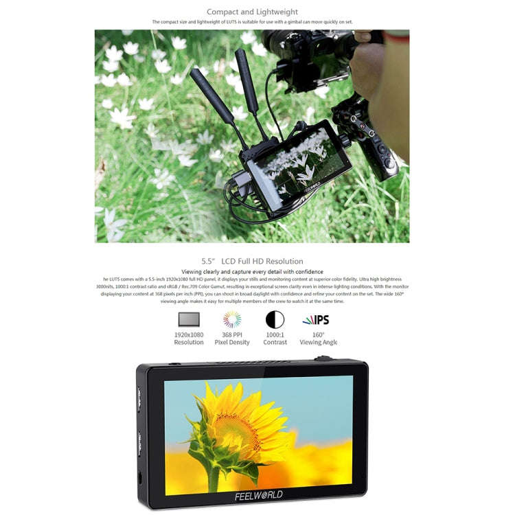 FEELWORLD LUT5 5.5 inch Ultra High Bright 3000nit Touch Screen DSLR Camera Field Monitor (Black)