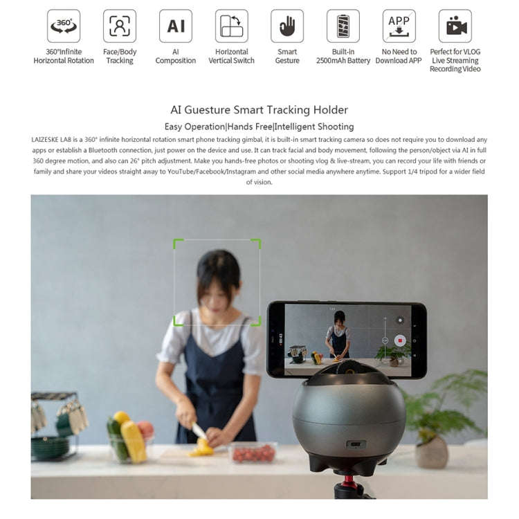 LAIZESKE LA8 Smart Robot Cameraman 360 Degree Auto Tracking Phone Holder (Grey)