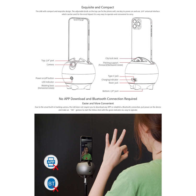 LAIZESKE LA8 Smart Robot Cameraman 360 Degree Auto Tracking Phone Holder (Grey)