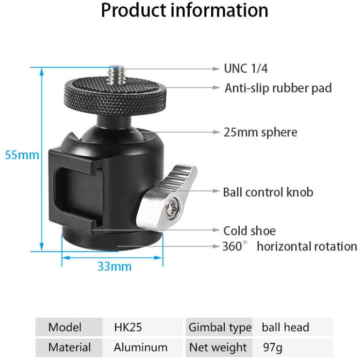 BEXIN HK25 Aluminum Alloy Cold Shoe Tripod Adapter Ball Head (Black)