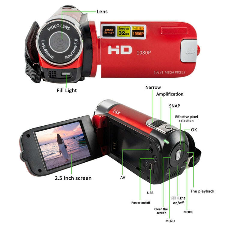 16X Digital Zoom HD 16 Million Pixel Home Travel DV Camera, AU Plug (Red)
