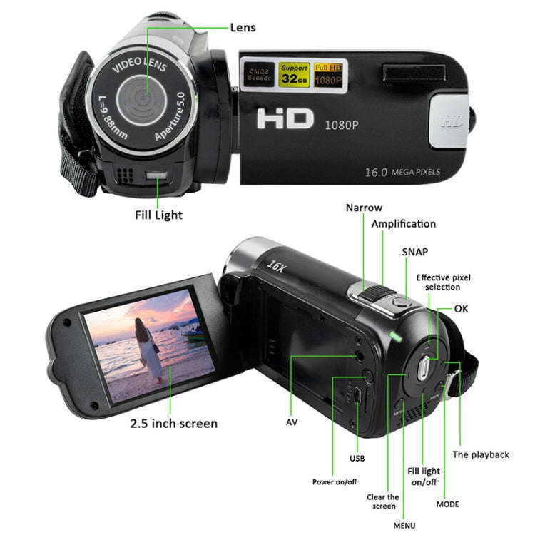 16X Digital Zoom HD 16 Million Pixel Home Travel DV Camera, EU Plug(Black)