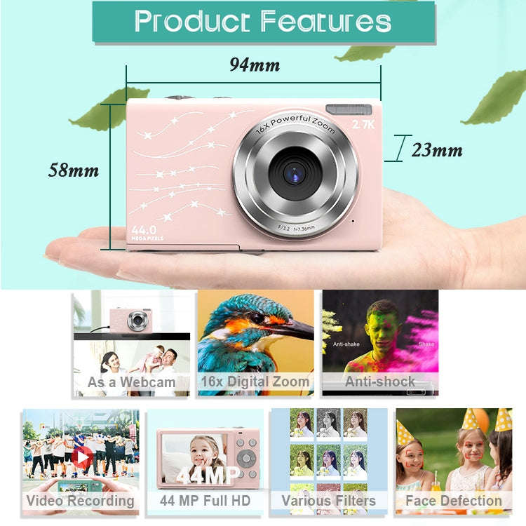 DC402 2.4 inch 44MP 16X Zoom 2.7K Full HD Digital Camera Children Card Camera, UK Plug (Black)