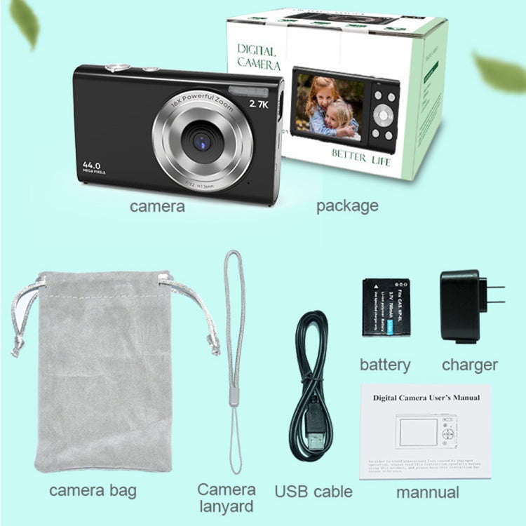 DC402 2.4 inch 44MP 16X Zoom 2.7K Full HD Digital Camera Children Card Camera, UK Plug (Black)