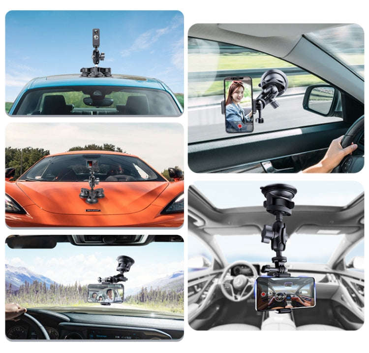 Single Suction Cup Mount Holder with Tripod Adapter & Steel Tether & Safety Buckle (Black)