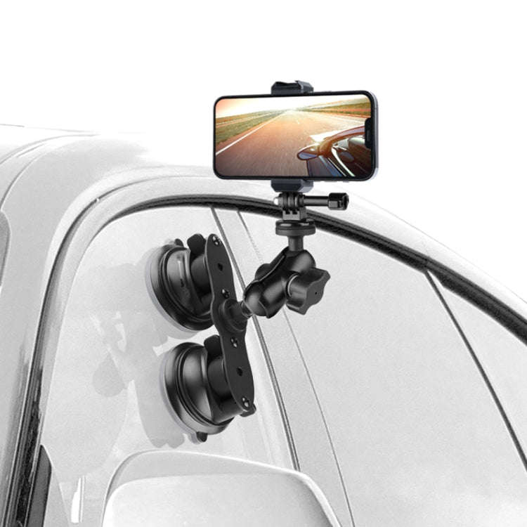 Single Suction Cup Mount Phone Holder with Tripod Adapter & Steel Tether & Safety Buckle (Black)