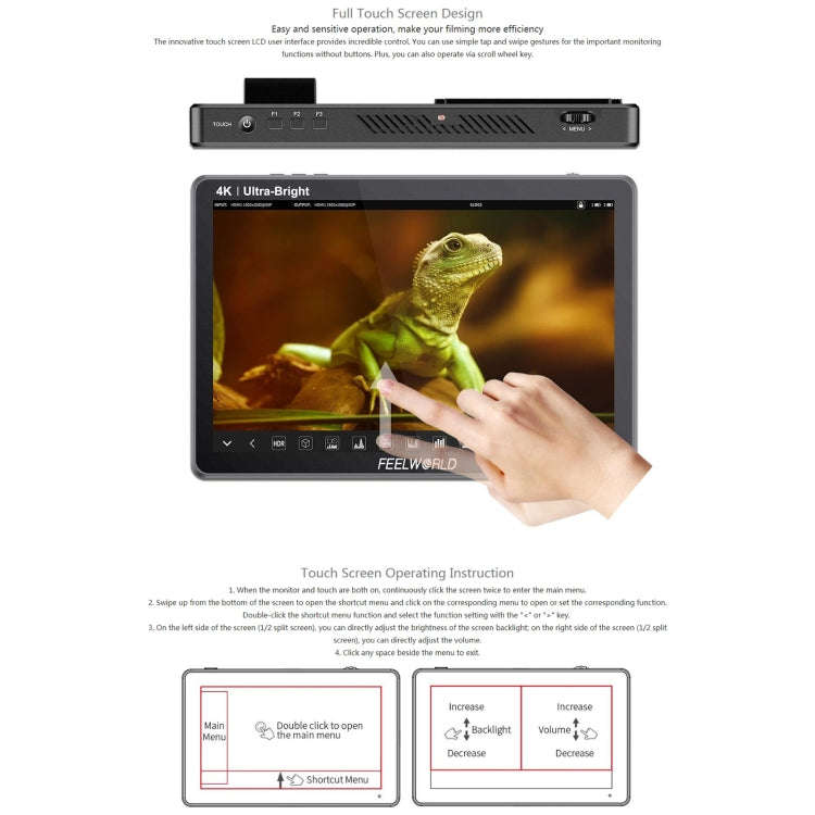 FEELWORLD LUT11S 10.1 inch Ultra High Bright 2000nit Touch Screen DSLR Camera Field Monitor, 3G-S...