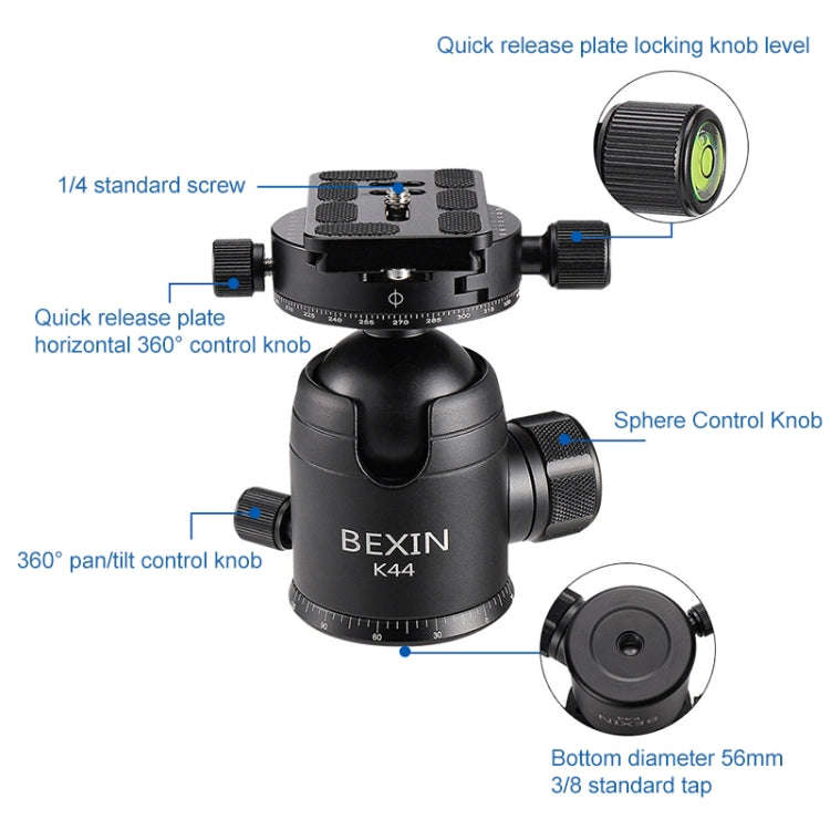 BEXIN RC294 Portable Collapsible Carbon Fiber Camera Tripod with K44 Panoramic Ball Head