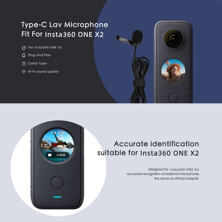 For Insta360 ONE X2 Lavalier Clip Type-C Recording Microphone (Black)