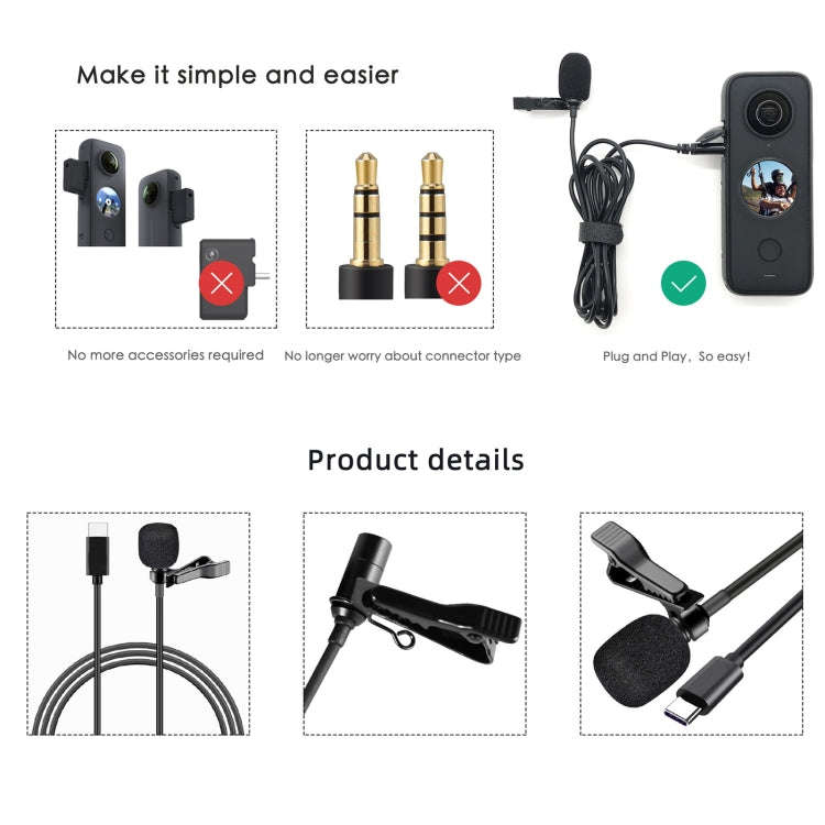For Insta360 ONE X2 Lavalier Clip Type-C Recording Microphone (Black)