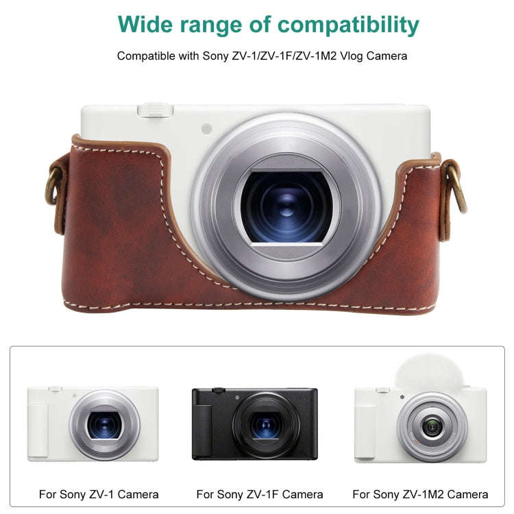 For Sony ZV-1F Vlog Camera Full Body Leather Camera Case Bag with Strap (Coffee)
