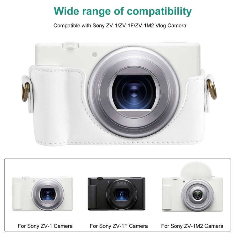 For Sony ZV-1F Vlog Camera Full Body Leather Camera Case Bag with Strap (White)