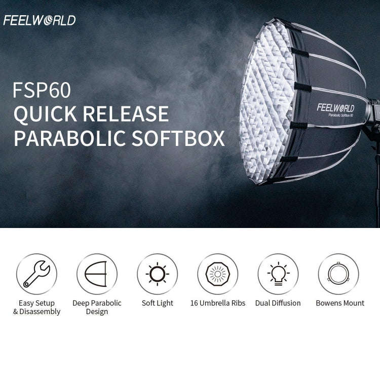 FEELWORLD FSP60 60cm Parabolic Softbox Quick Release Diffuser with Bowens Mount (Black)